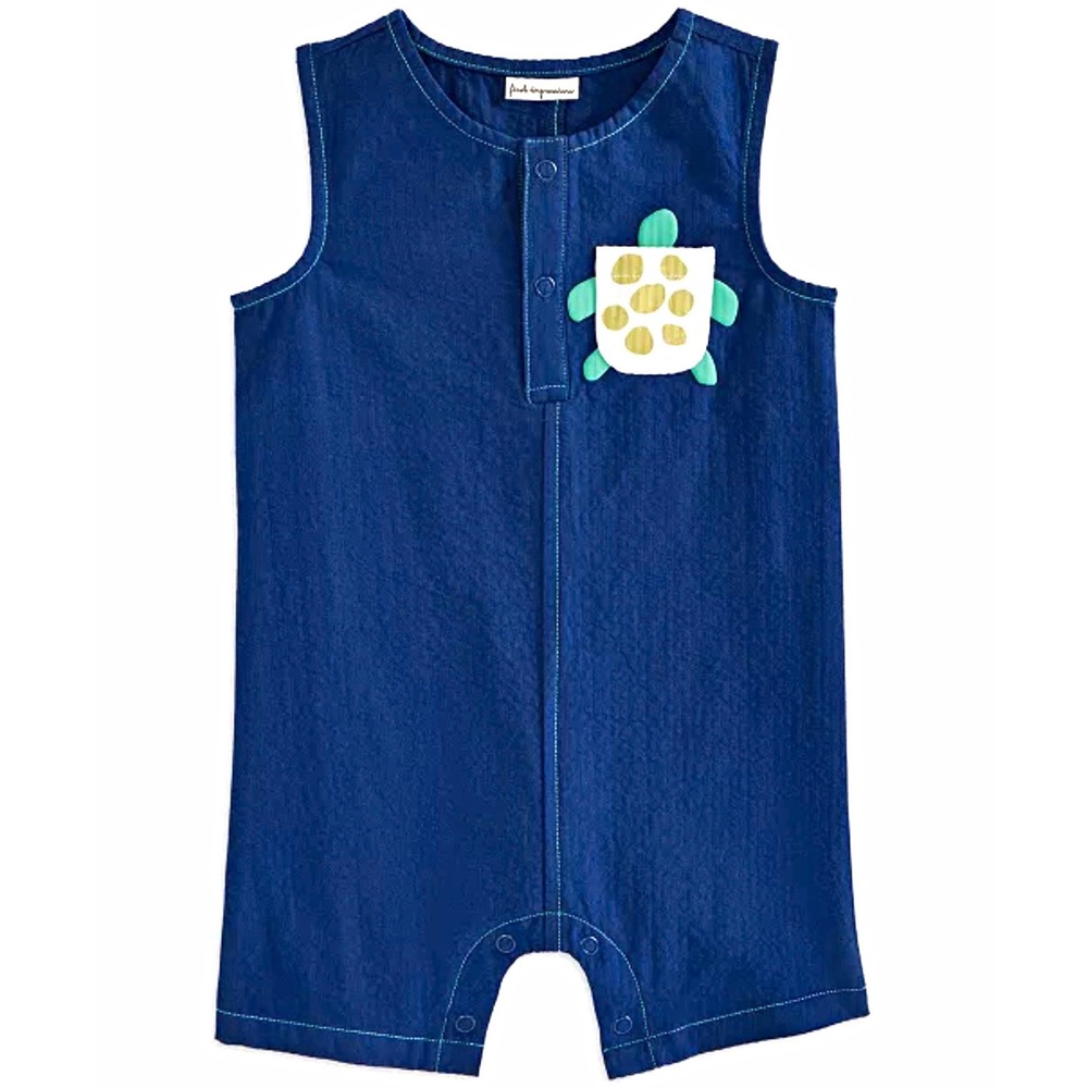 NEW First Impressions Blue Denim Cotton Romper Turtle Pocket Sleeveless 0-3M